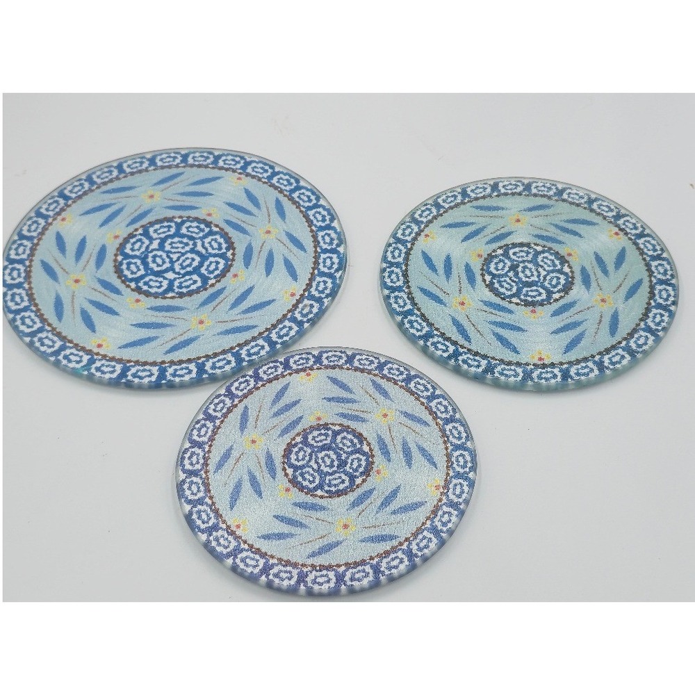 Glass Trivet Set Blue Good Polish Pottery Style 5pc Set